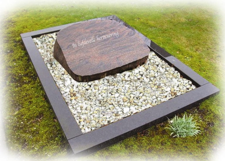 Doorgezaagde en gepolijste kei als grafmonument